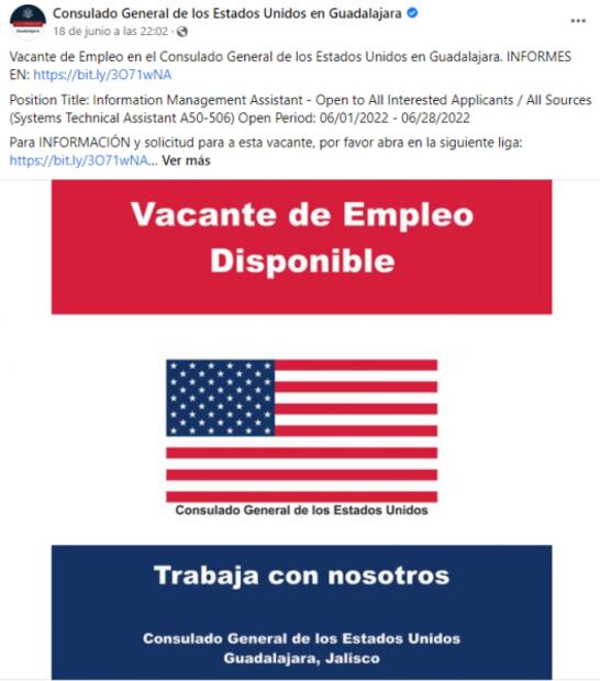 Consulado de Estados Unidos ofrece plazas de trabajo y prácticas profesionales