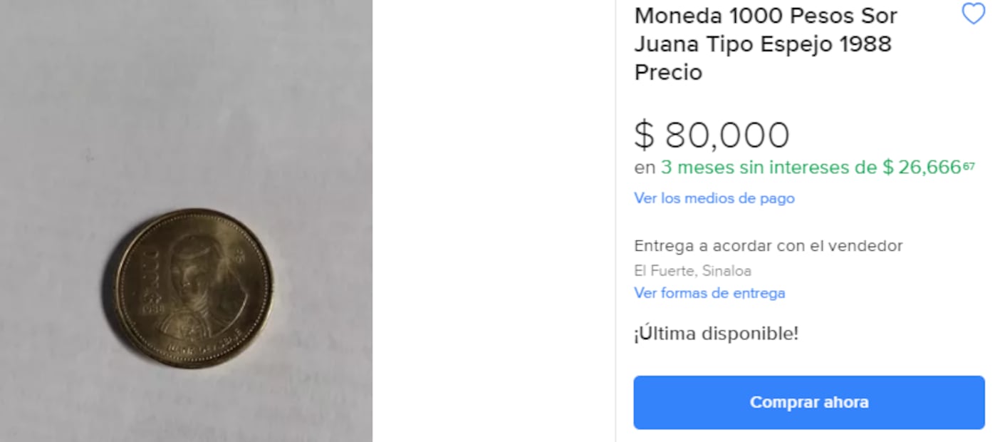 La moneda de $1000 de Sor Juana Inés de la Cruz por la que piden hasta $80 mil pesos. Foto: Mercado Libre