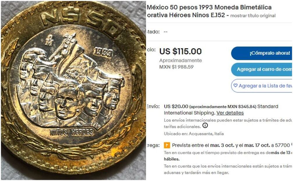 Moneda de $50 pesos de los Niños Héroes. Foto: Captura / eBay