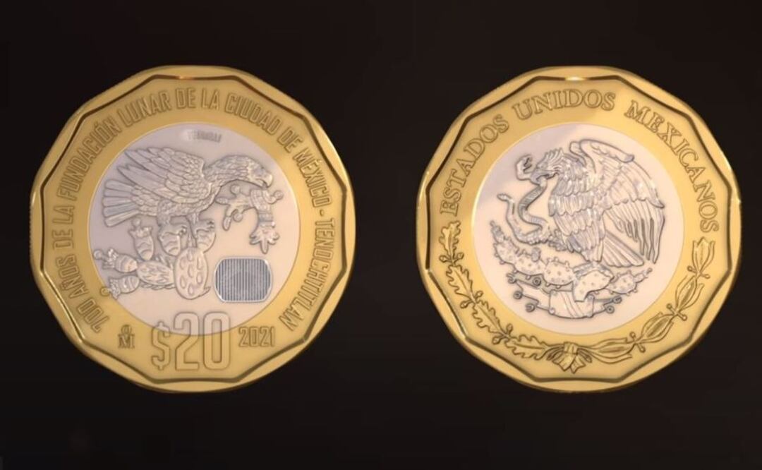 La moneda de 20 pesos de la Fundación Lunar de Tenochtitlán. Foto: Banco de México