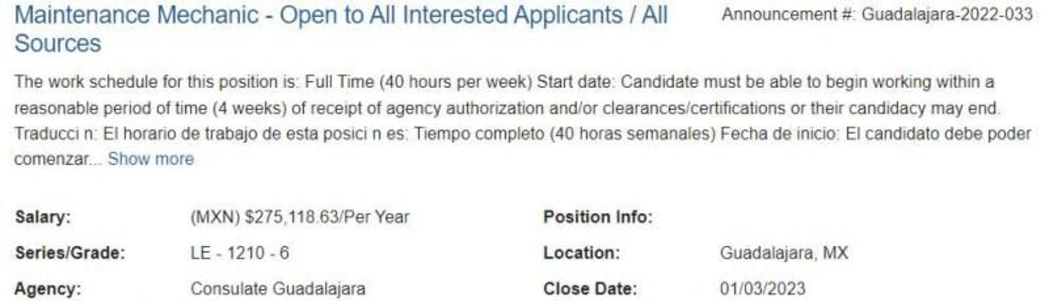Lanzan vacante para trabajadores de mantenimiento en consulado de EU en Guadalajara