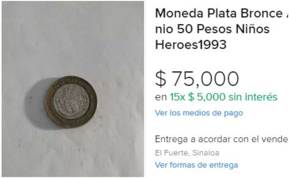 Moneda Niños Héroes a la venta en internet. Foto: Captura / MercadoLibre