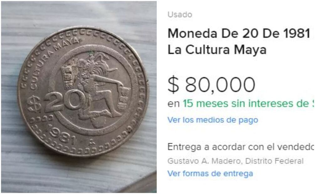 Moneda de 20 pesos de la cultura maya. Foto: Captura / Mercado Libre