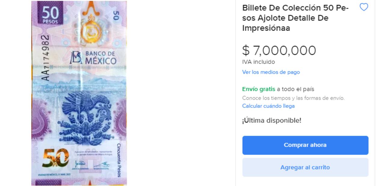 El billete de $50 pesos del ajolote que vale hasta $7 millones de pesos. Foto: Mercado Libre