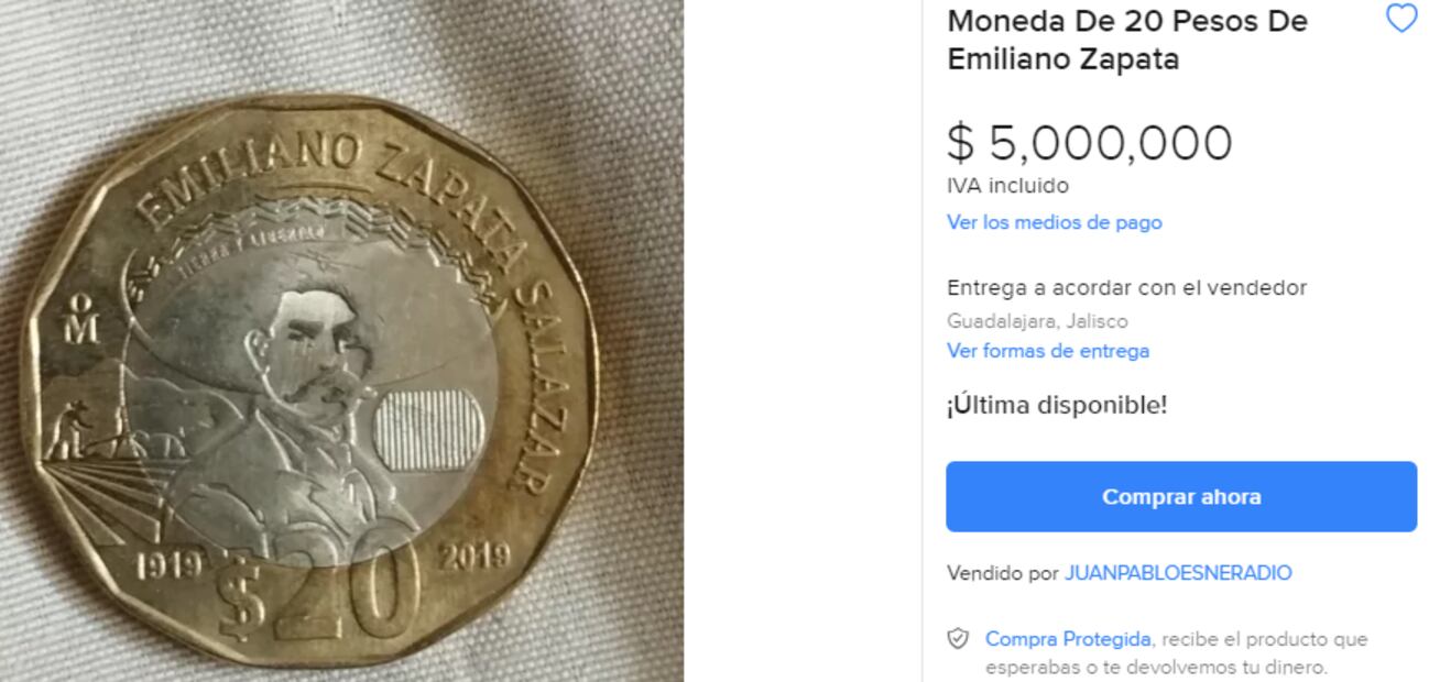 La moneda conmemorativa de Emiliano Zapata que vale hasta $5 millones de pesos. ¿Tienes una? Foto: Mercado libre