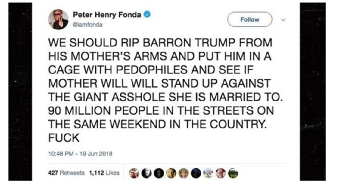 Actor Peter Fonda menciona que hijo de Trump debería ser llevado a una jaula