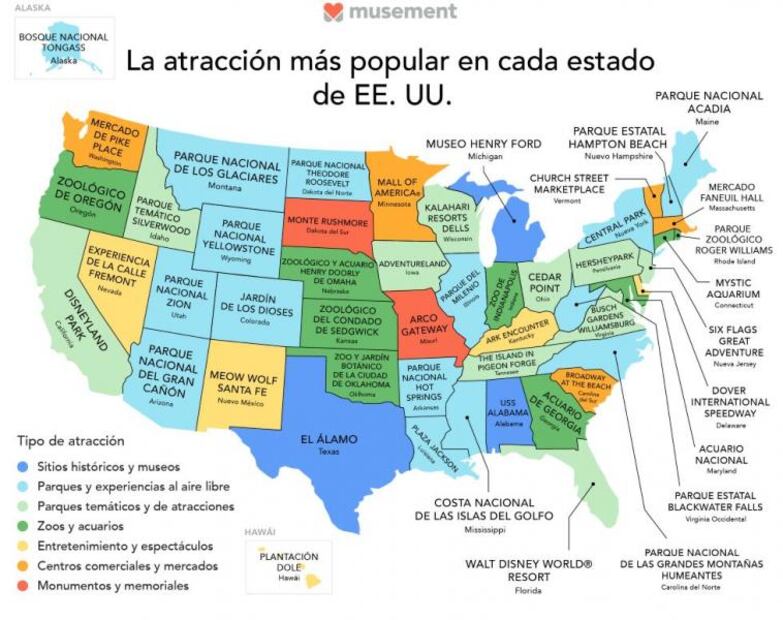 Mapa muestra la atracción más popular en cada estado de EU