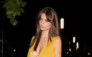 Emily Ratajkowski presume escote braless y lencería negra con vestido traslúcido