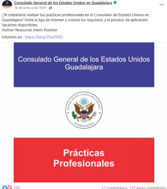 Consulado de Estados Unidos ofrece plazas de trabajo y prácticas profesionales