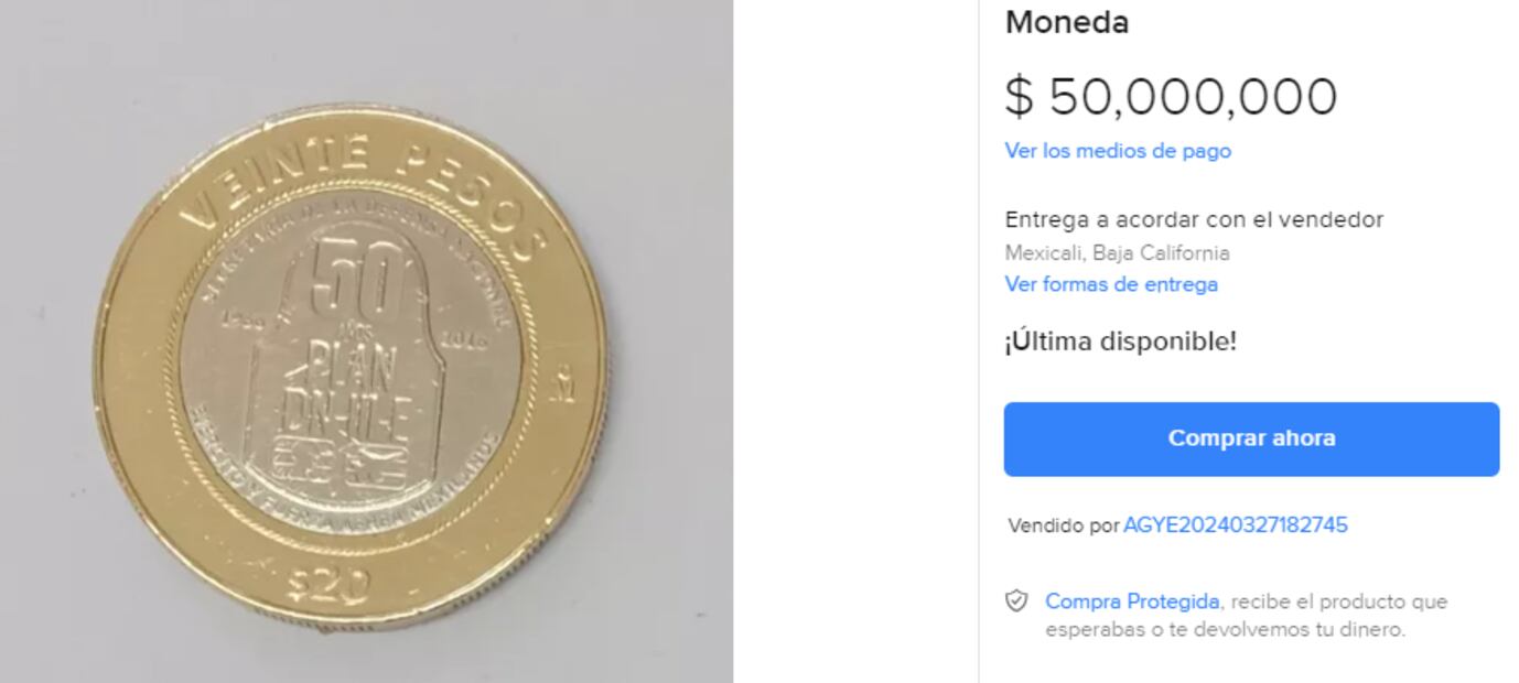 La moneda conmemorativa del Plan DN-III-E de 20 pesos que se vende por ¡50 millones de pesos! Foto: Mercado Libre