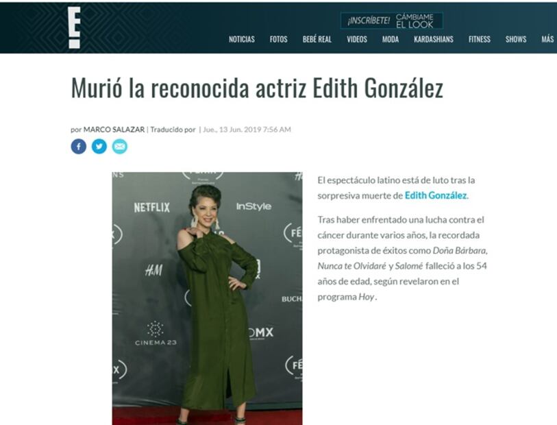 Medios internacionales destacan muerte de Edith González