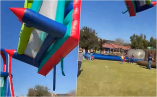 Tragedia en festival escolar: castillo inflable sale volando y deja a dos niños graves. VIDEO
