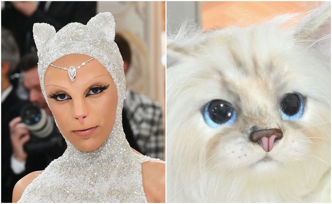 Doja cat y Jared Leto impactan en la alfombra de la Met Gala 2023 con traje de gato. Foto: AFP