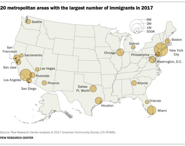 Mapa: Entidades de Estados Unidos donde viven más inmigrantes