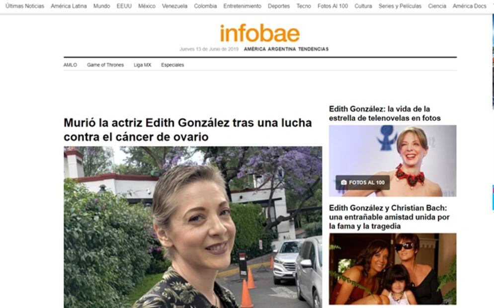 Medios internacionales destacan muerte de Edith González