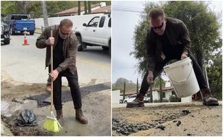 Hombre de acción; Arnold Schwarzenegger se ensucia las manos y repara bache en California