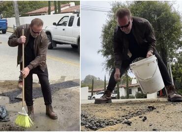 Hombre de acción; Arnold Schwarzenegger se ensucia las manos y repara bache en California