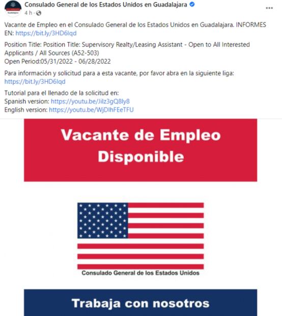 Consulado de Estados Unidos ofrece plazas de trabajo y prácticas profesionales